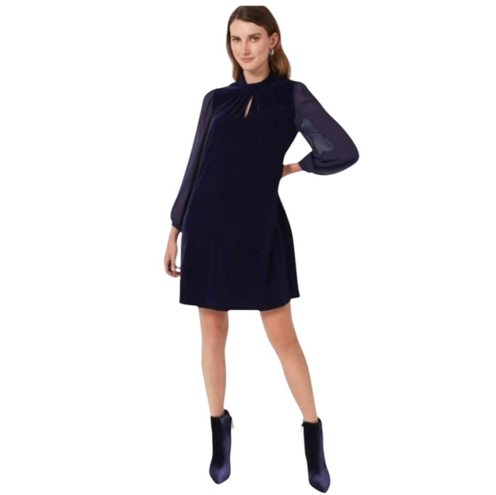 Hobbs London Womens Dress Faye Velvet A Line Navy Blue Sheer Sleeves NWT Size 10